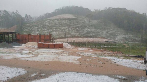 área rural coberta de granizo, terreno e rua em primeiro plano, morro ao fundo