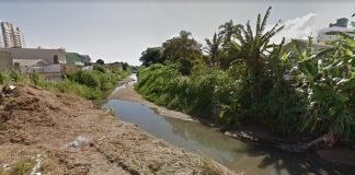 Curso de água do Rio Buchler poluído, quase seco, com algum mato e casas em volta