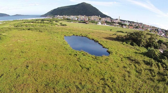 vista aérea de um campo verde com uma pequena lagoa no meio. morro e praia ao fundo