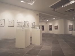 obras de artes (quadros e pequenas esculturas) expostas em ampla galeria do museu masc