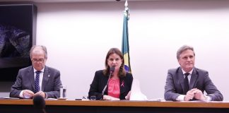 carmem fala ao microfone sentada em uma bancada, os estão os senadores de cada lado e uma bandeira do brasil ao fundo