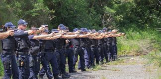 agentes lado a lado empunham as armas em um terreno baldio