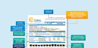 reprodução de uma fatura de energia da celesc com quadros indicativos de cada elemento