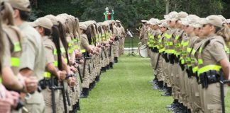 agentes enfileiradas de uniforme em um gramado