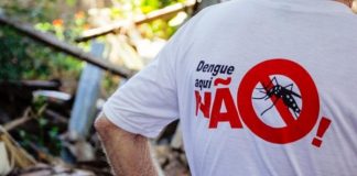 close em costas de um homem usando uma camiseta escrita "dengue aqui, não"