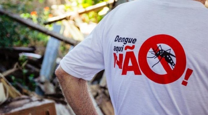 close em costas de um homem usando uma camiseta escrita "dengue aqui, não"