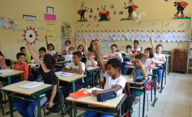 crianças uniformizadas em uma sala de aula com os braços levantados