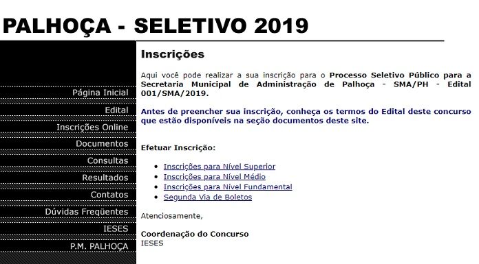 print screen do site do processo seletivo