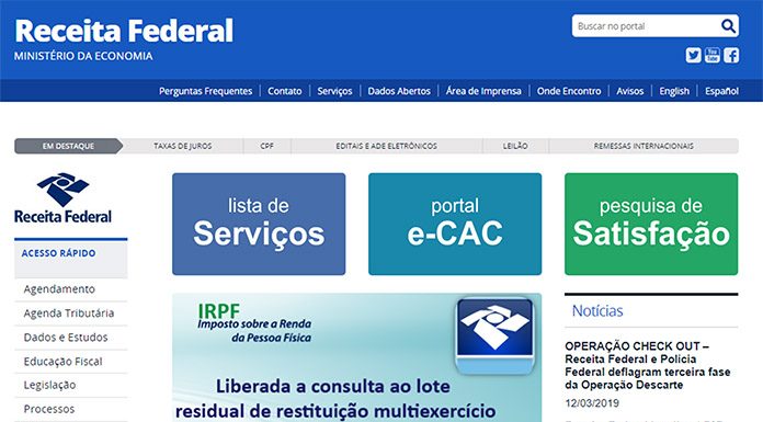 print screen do site da receita federal