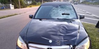 mercedez com capô amassado e vidro quebrado por causa do atropelamento, placa censurada, parada no acostamento