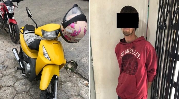 composição com duas fotos: uma da honda biz amarela, outra do homem em pé com parte do rosto censurada; ele usa um moletom vermelho