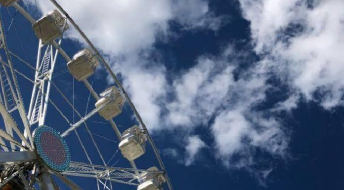 gôndolas da roda gigante vistas de baixo com céu azul ao fundo e pequena nuvem