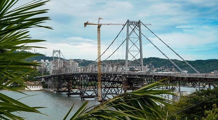 ponte vista entre palmeiras a partir da cabeceira continental