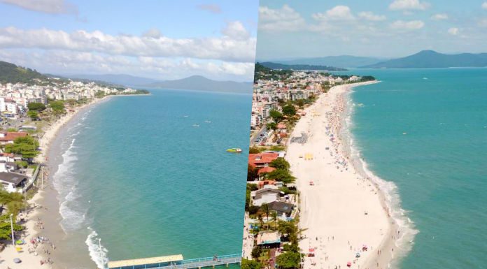 duas fotos aéreas da faixa de areia mostrando antes e depois da obra; na imagem da direita há uma faixa de areia muito mais larga