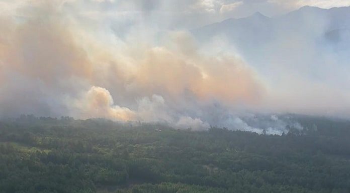 foto aérea de grande quantidade de fumaça saindo de uma região plana de mata