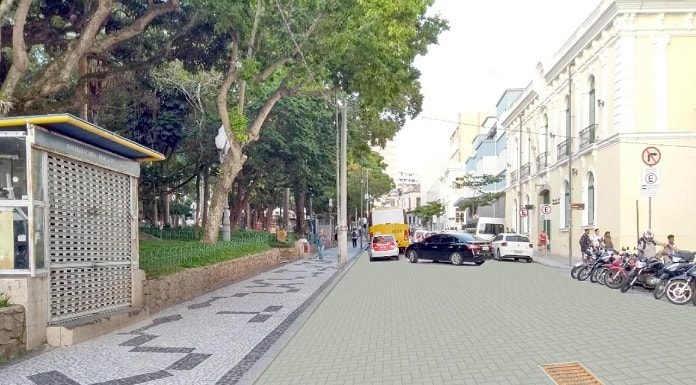 desenho do novo calçamento sobre foto da rua ao lado da praça xv