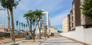 área com pavimento em paver do parque ao lado de longo muro e algumas árvores