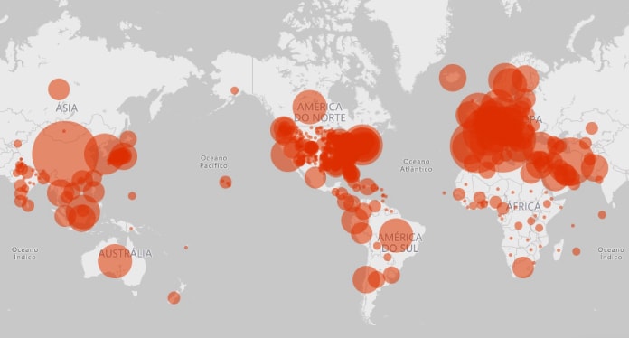 mapa mostrando bolas sobre os países com tamanhos conforme a quantidade de casos