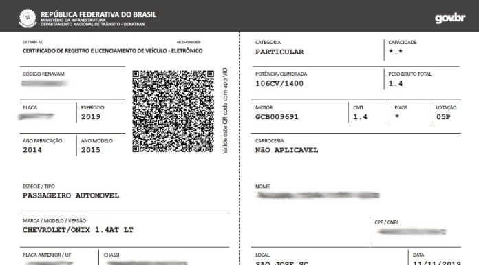 detran: reprodução de um crlv digital com dados borrados