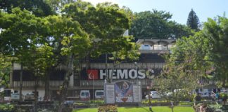 frente do prédio do hemosc em florianópolis com muitas árvores na frente