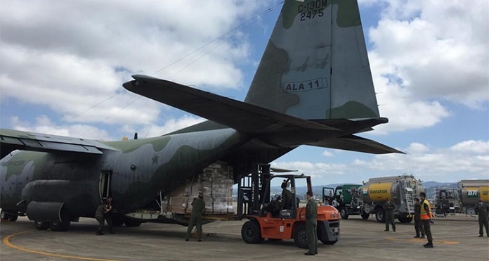 avião cargueiro do exército com empilhadeira atrás tirando carga