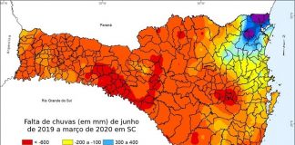 mapa de sc mostrando escala de cor conforme falta de precipitações; quase estado inteiro abaixo da média