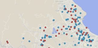 mapa de são josé com pontos azuis e vermelhos indicando casos ativos e casos recuperados