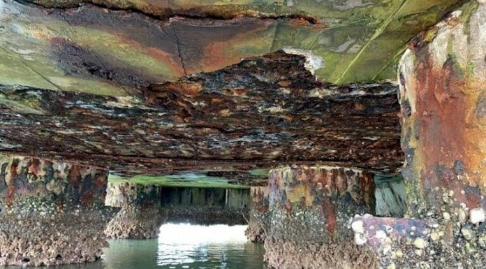 imagem da parte inferior de um bloco de pilares da pontes com concreto bastante deteriorado e cheio de cracas marítimas, pouco acima da superfície da água