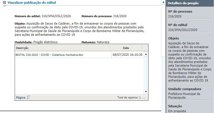 print screen do portal de transparência mostrando numero e informações do edital de compra