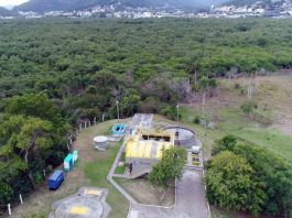 foto aérea de estação de tratamento de esgoto ao lado de grande área de mata