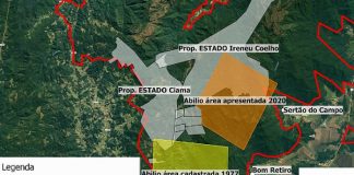 mapa motrando limites do parque e divergência na demarcação de dois retângulos indicando a área em questão