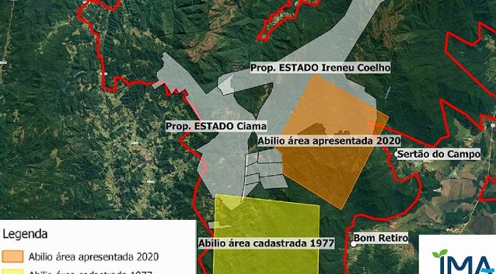 mapa motrando limites do parque e divergência na demarcação de dois retângulos indicando a área em questão