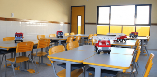 Sala de aula com classes e cadeiras vazias