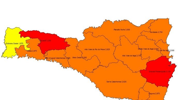 mapa de sc com escala de cores de acordo com a classificação para cada região