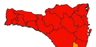 mapa de sc mostra matriz de risco ao coronavírus com 15 regiões no vermelho