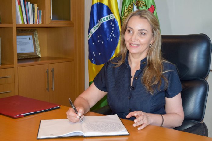 daniela reinher sorridente com caneta na mão sobre caderno sentada em mesa de escritório