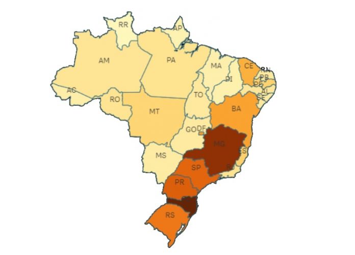 mapa do brasil divido por estado com escala de cor conforme maior quantidade de casos - sc é o mais escuro - estado teve 80 mortes registradas em um dia