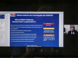 Tela do computador mostra uma apresentação em tela azul sobre os números do observatório da vacinação em SC, da OAB/SC, mostrando os números de denúncias do primeiro mês