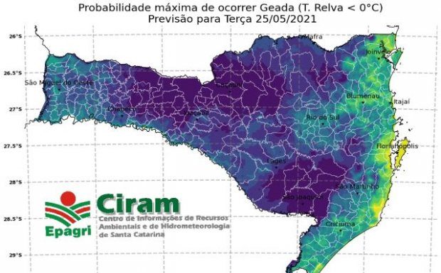 previsão de temperaturas negativas em santa catarina - mapa de sc mostrando escala de cores conforme temperaturas baixas