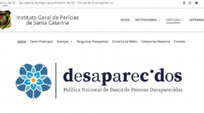 Print da página do site Conecta, do IGP, é branca com a palavra desaparecidos em destaque, a página busca organizar informações para a busca de pessoas desaparecidas