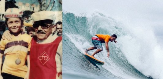 esporte na veia: fábio andrade criança no colo de sr domingo e na foto da direita surfando