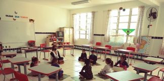 estudantes sentados em roda no chão da sala