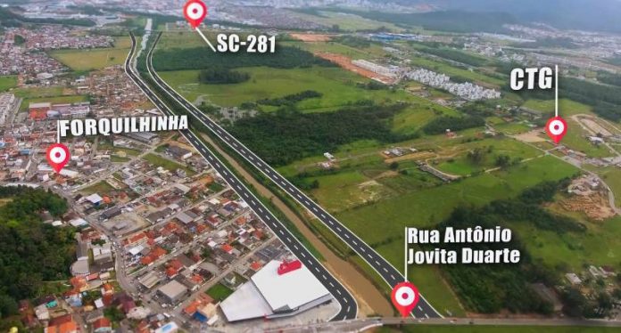 imagem aérea com projeto da avenida beira-rio de forquilhas em são josé ligando à SC-281