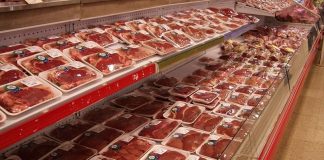 freezer aberto em supermercado com pacotes de carne bovina - preço não caiu em santa catarina