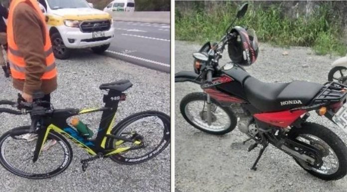 Motociclista embriagado atropela participante de competição de ciclismo em Florianópolis - montagem com a biclicleta e moto envolvidos no acidente