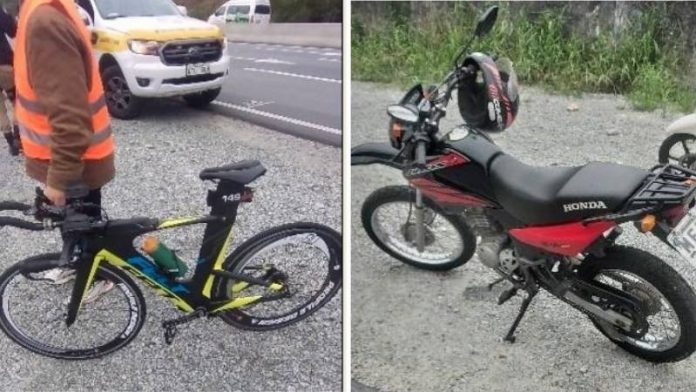 Motociclista embriagado atropela participante de competição de ciclismo em Florianópolis - montagem com a biclicleta e moto envolvidos no acidente