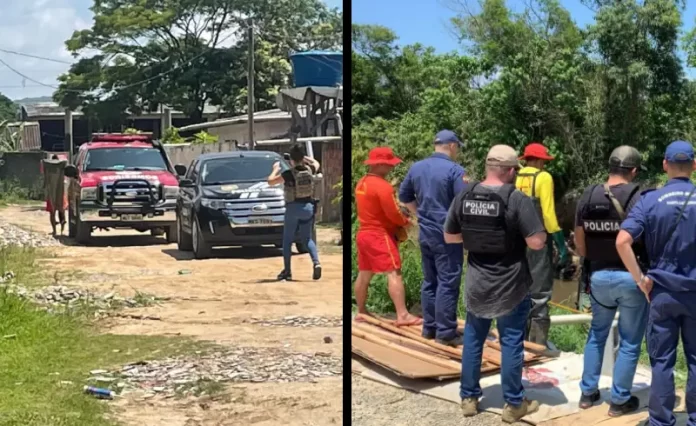 policiais civis fazem buscas junto com os bombeiros por corpo carbonizado em veículo queimado em São José