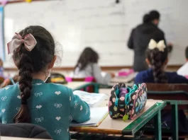 alunas crianças vistas de costas sentadas em carteiras em sala de aula e professora ao fundo