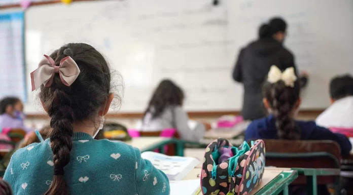 alunas crianças vistas de costas sentadas em carteiras em sala de aula e professora ao fundo