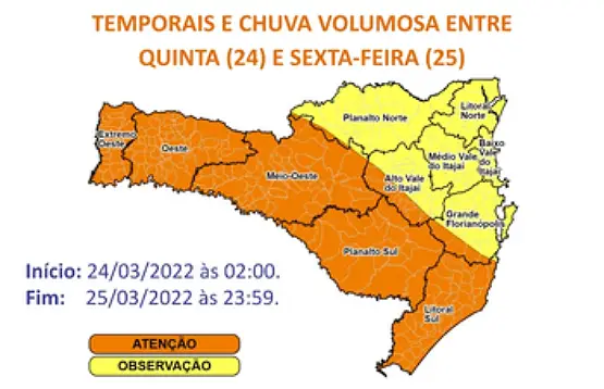 área de alerta de temporais em sc